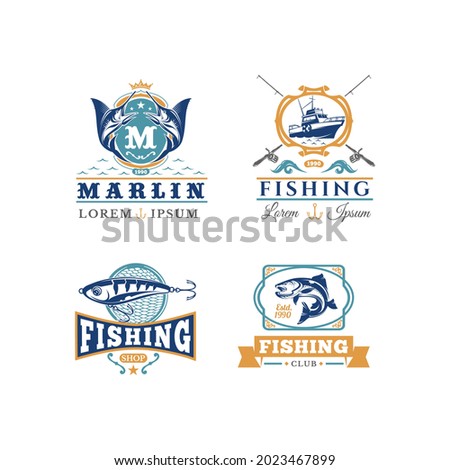 Set of vintage fishing emblems, labels, badges, logos. Layered, separate text, isolated on white background
