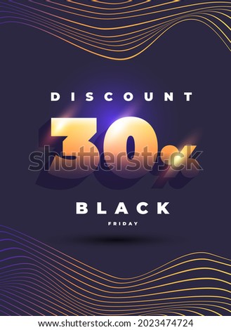 Vector template for flyer with wavy thin lines and volumetric golden lettering 30 percent discount on the black background