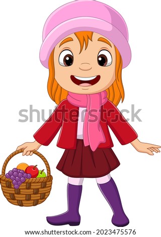 Cartoon little girl with basket of fruits