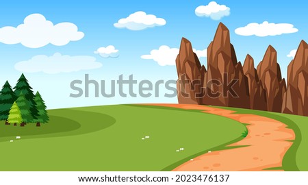 Blank nature park landscape at daytime scene with pathway through the meadow illustration