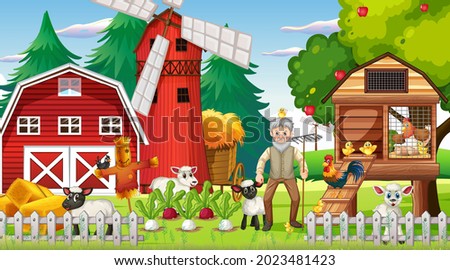 Farm at night scene with old farmer man and farm animals illustration