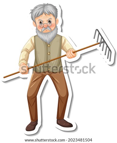 Sticker template with a gardener old man holds rake gardening tool isolated illustration
