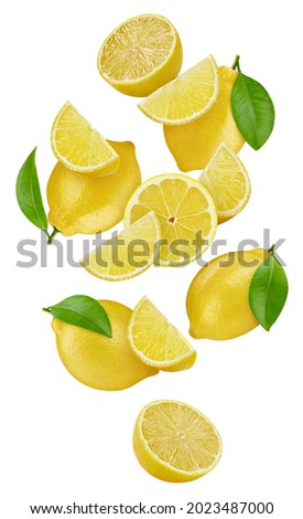 Flying Lemon with green leaves isolated on white background. Lemon with clipping path.