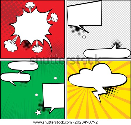Abstract creative concept comic pop art style blank, layout template with clouds beams and isolated dots background.