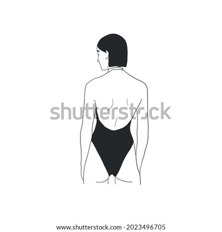 Slender woman in black underwear or swimsuit hand drawn in graphic style. Isolated female figure. Vector design for logo. Yoga, beauty salon, fitness