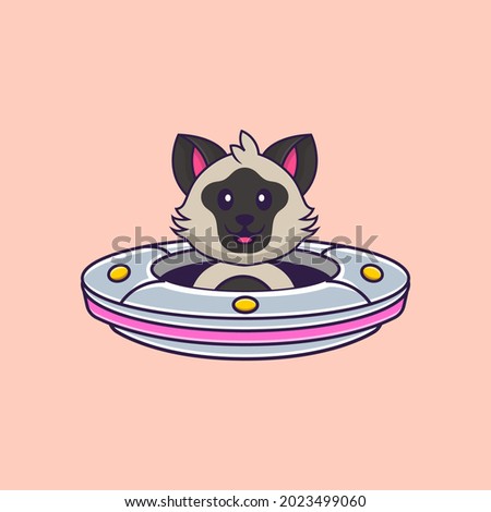 Cute cat Driving Spaceship Ufo. Animal cartoon concept isolated. Can used for t-shirt, greeting card, invitation card or mascot.