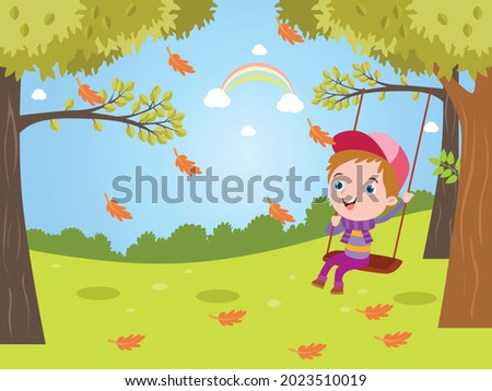 Cute happy boy having fun on a swing in autumn 2d cartoon vector illustration