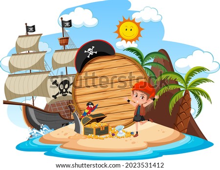 Pirate island with an empty banner isolated on white background illustration