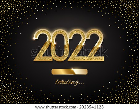 New Year golden loading bar vector illustration. 2022 Year progress with lettering. Party countdown, download screen. Invitation card, banner. Event, holiday expectation. Sparkling glitter background