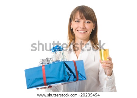 Young woman with gifts and champagne, isolated on white