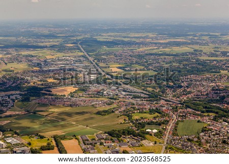 Zaventem city in Belgium top view from airplane. Royalty-Free Stock Photo #2023568525