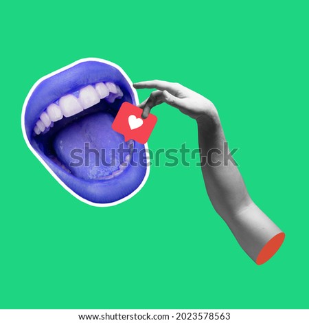 Life for likes. Contemporary art collage with female open mouth and social media activity sign, likes icon, heart shape over green background. Real youth modern lifestyle, internet addiction, gadgets