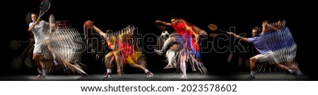 Sportsman playing football, tennis, basketball on black background in mixed light. Caucasian fit young male players in motion during sport game. Concept of movement, sport. Collage with stroboscope Royalty-Free Stock Photo #2023578602