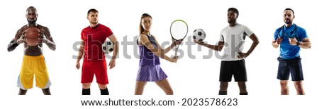 Sport collage. Tennis, soccer football, basketball, fitness players posing isolated on white studio background. Fit african and caucasian men and women as team. Royalty-Free Stock Photo #2023578623
