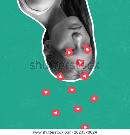 Life for likes. Contemporary art collage with girls and social media activity signs, likes icons, heart shapes over green background. Real youth modern lifestyle, internet addiction, gadgets concept