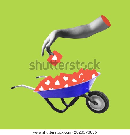 Composition with human hands and cart full of social media signs, likes icons on light green background. Modern design, contemporary art collage. Modern lifestyle, internet addiction, gadgets concept