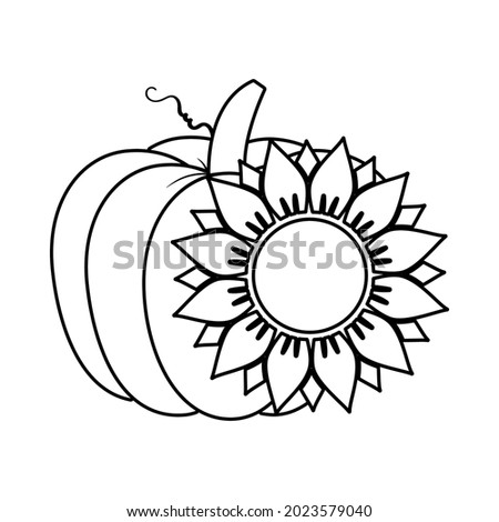 Vector illustration of outline pumpkin or cucurbita with sunflower monogram isolated on white background. Pumpkin for print, t shirt design, farm market, fall harvest banner, Thanksgiving, Halloween. 