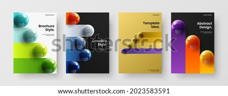 Unique book cover design vector template set. Clean realistic spheres placard layout composition.