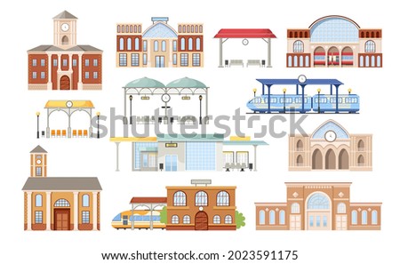 Set of Railway Stations Building Facades, Platforms with Seats and Trains. Modern Exterior Design, Digital Display, Clock Tower Isolated on White Background. Cartoon Vector Illustration, Icons