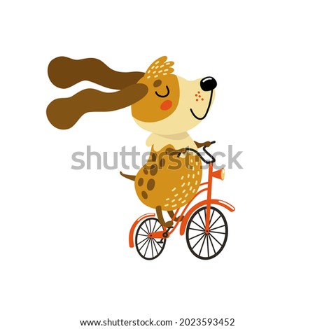Cute dog on a bicycle. Funny puppy riding a bike. Sweet pet likes sport. Cartoon character, happy animal. Flat vector illustration isolated on white. Could be used for kids t shirt, baby poster etc. 