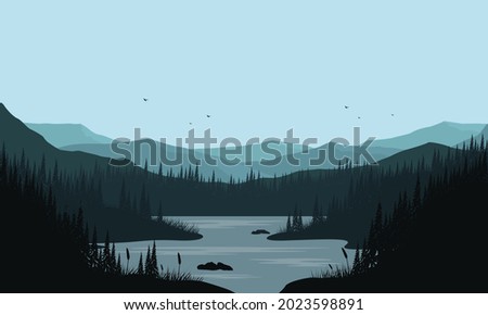 Misty morning with a magnificent view of the mountains from the riverside with the silhouette of pine trees around. Vector illustration of a city