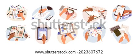 Set of hands holding pens and pencils, writing letter on paper, taking notes in notebook, filling diary and planners, signing business documents. Flat vector illustration isolated on white background Royalty-Free Stock Photo #2023607672