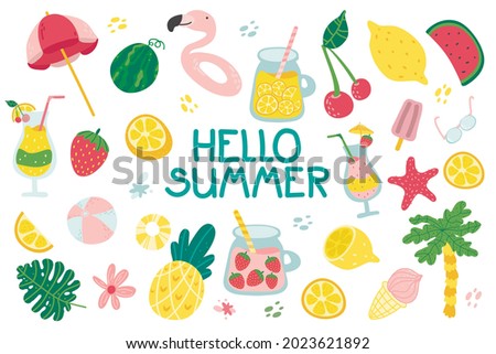 Summer set with cute beach elements and lettering: cocktail, juice, ice cream, fruits, flowers, palm trees. Perfect for poster, card, scrapbooking, tag, invitation, sticker kit.