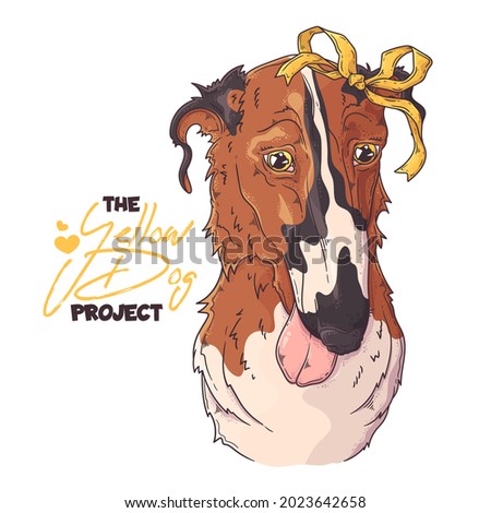 Hand drawn dog portrait with yellow ribbon Vector. Isolated objects for your design. Each object can be changed and moved.