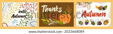 Cards Hello Autumn, Thank. Seasonal concept banner with quote. Vector hand drawn illustration.