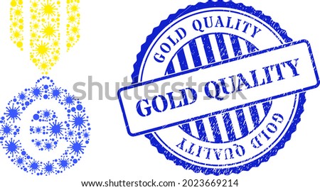 Cell collage euro medal icon, and grunge GOLD QUALITY seal stamp. Euro medal collage for medical templates, and grunge round blue stamp. Vector collage is made of scattered virus items.