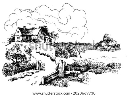 Rural scenery landscape panorama of countryside pastures. Green grass field on small hills. Vector sketch illustration