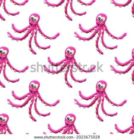 seamless octopus pattern made of air plasticine on a white background