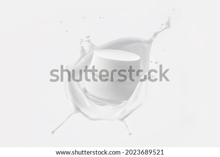 A jar of skin cream in a white milk splash. Splash of cream on a white background. Milk splash. White on white. Concept. High quality photo