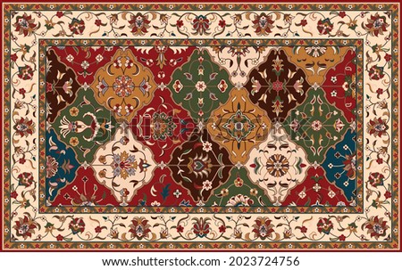 Persian carpet original design, tribal vector texture. Easy to edit and change 16 colors by swatch window. Royalty-Free Stock Photo #2023724756