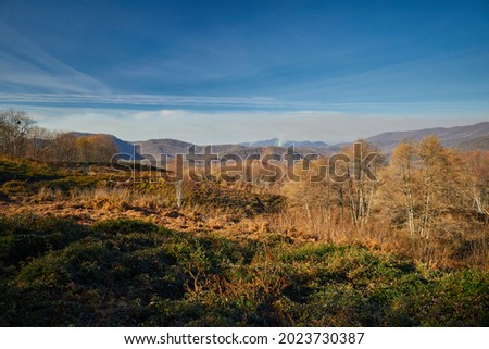 The onset of the evening in the mountains. Sunny autumn landscape. Autumn paints on the trees. Mountains around. Blue sky with beautiful clouds.