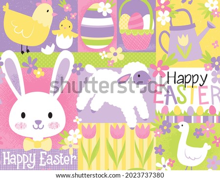 Easter Bunny and friends vector pattern. This pattern repeats seamlessly and depicts a fresh, spring Easter morning.