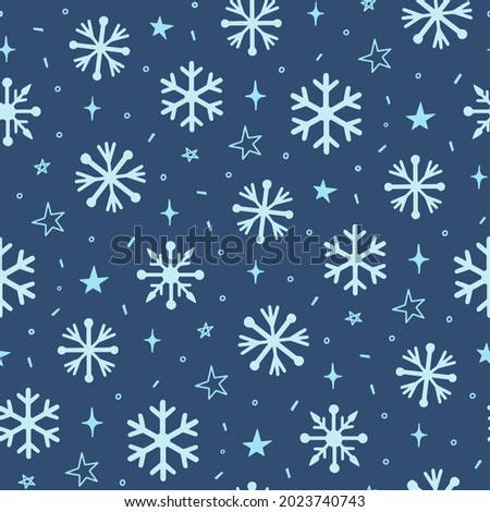 Shiny snowflakes pattern. Hand drawn vector illustration isolated on a blue background.