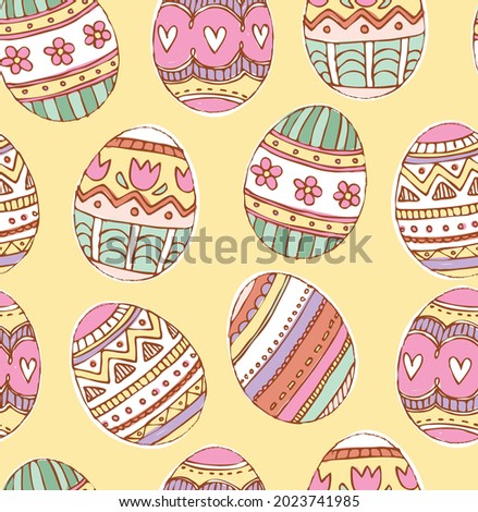 Hand-drawn Easter Eggs are decorated and ready for Sunday Morning. This fun vector pattern repeats seamlessly.
