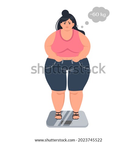 A sad, obese woman is standing on the scales. Problems with excess weight. Weight loss. The concept of bad eating habits, gluttony, obesity and unhealthy eating. Vector illustration Royalty-Free Stock Photo #2023745522