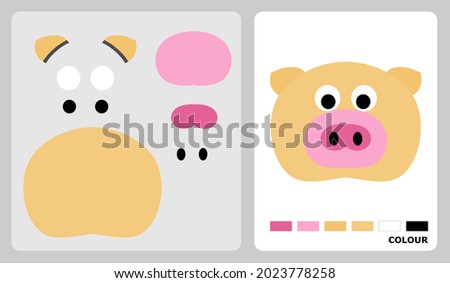 Pig head pattern for kids crafts or paper crafts. Vector illustration of pig puzzle. cut and glue patterns for children's crafts.