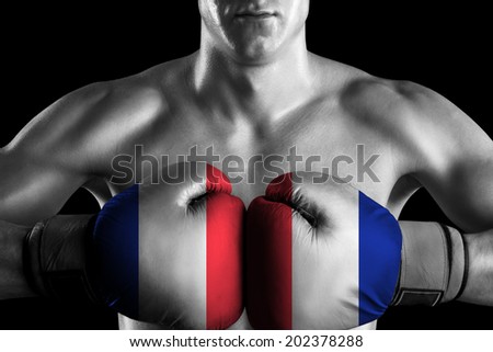 Black and white fighter with France color gloves