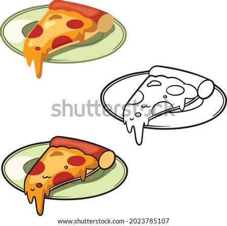 
color and black and white line Portion of pizza with mozzarella peeperoni and tomato on white plate for coloring