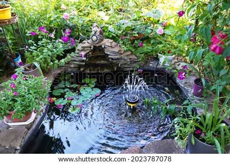 Decorative pond with fountain in the garden Royalty-Free Stock Photo #2023787078