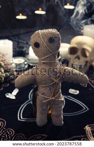 Voodoo doll with pins and dried flowers on table indoors