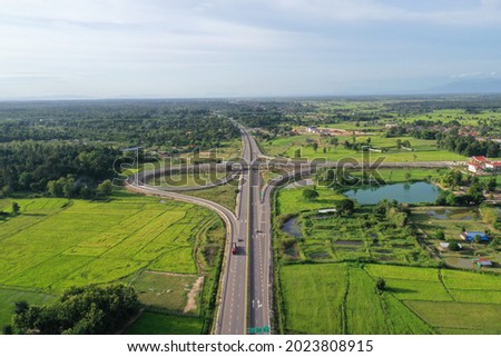 Aerial photo shows a view of the Vientiane-Vangvieng section of the China-Laos expressway in Vientiane, Laos Royalty-Free Stock Photo #2023808915
