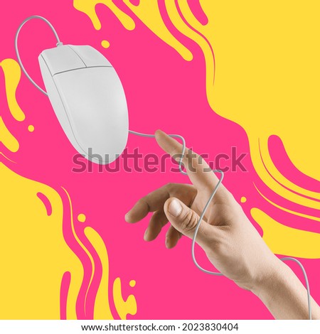 Transmission of information. Image of male hand with PC mouse on bright pink and yellow background. Concept of IT, computer technologies, information transmission.