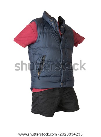 Dark blue sleeveless jacket,dark red t-shirt with collar on buttons and black sports shorts, isolated on white background. Current clothes for cool weather