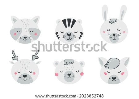 Set of cute animal faces in flat style. Collection of characters raccoon, tiger, hare, bear, deer, fox. Black and white illustration isolated on white background. Vector