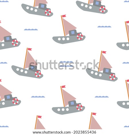 Seamless pattern with cute gray-pink boats floating on the waves against a white background. Children s pattern in the style of minimalism. Vector flat illustration for print design, textiles.