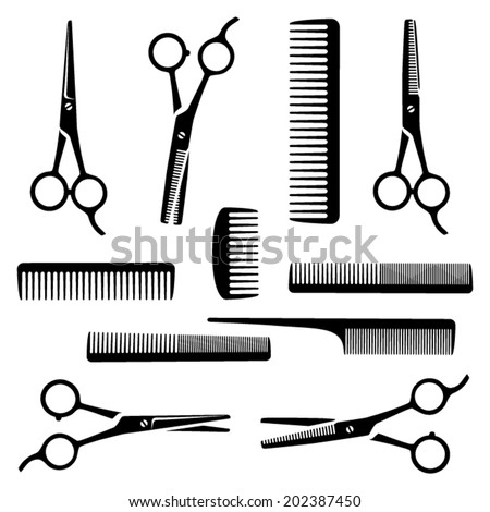 Set of black scissors and combs on white background for Hairdresser's salon